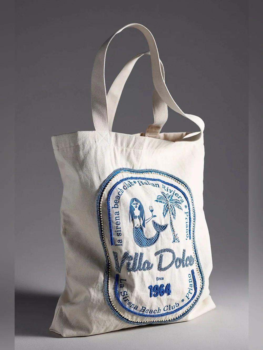 Anthropologie Printed Beaded Canvas Tote Bag One Size